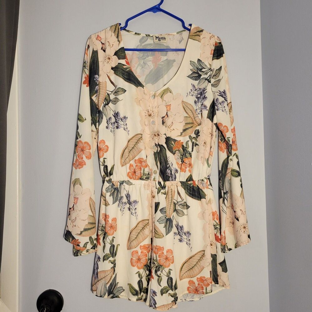 Show Me Your Mumu Romper Women S Floral V-Neck Button Up Long Sleeve Made in USA
